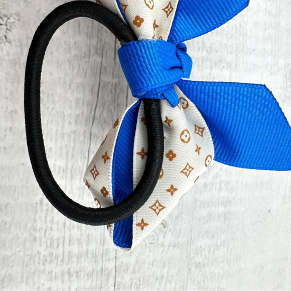 Upcycled hair tie. New. Blue and white.